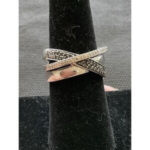 SUN 925 Sterling Silver Black & White Pave Diamond Crossover Ring Size 7
